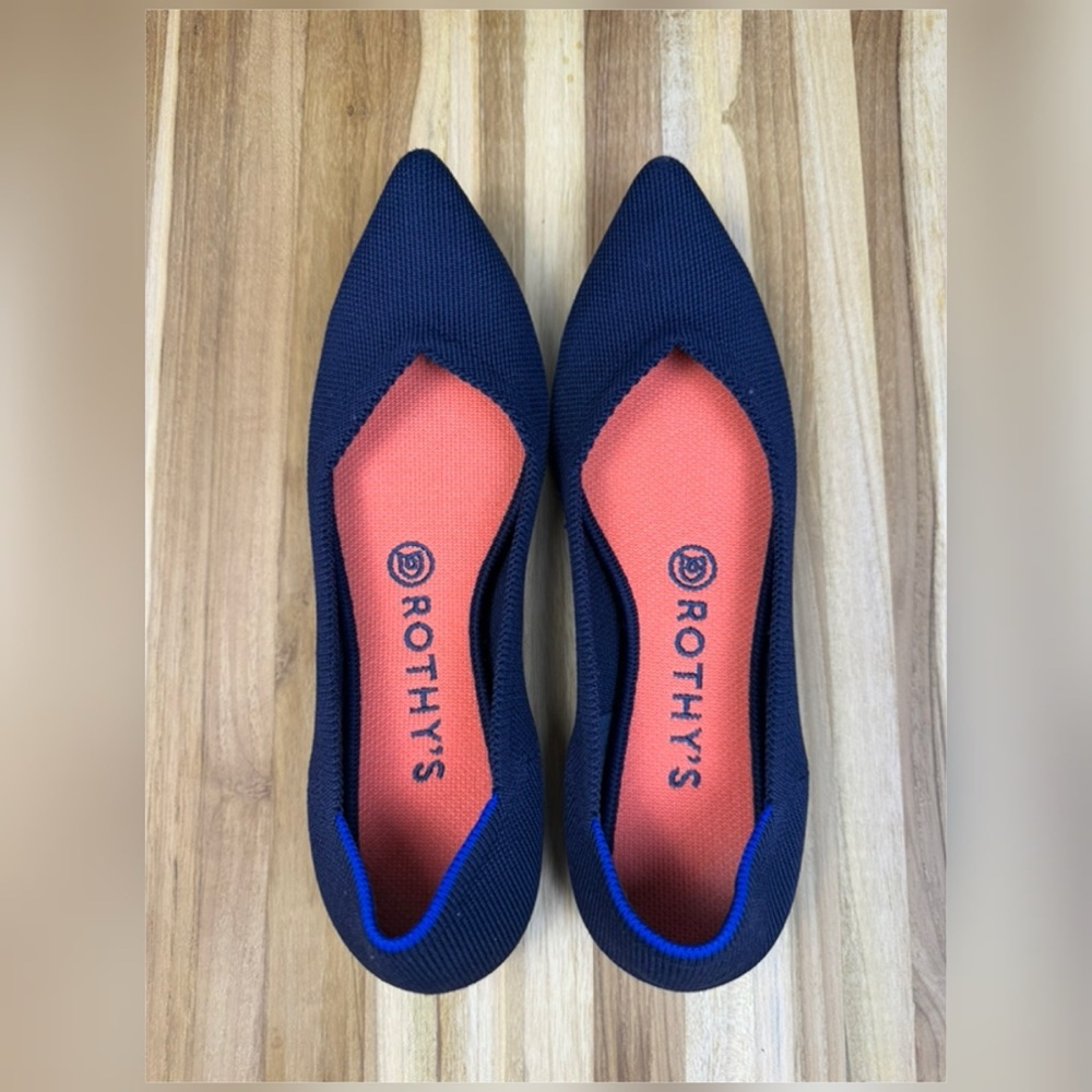 Rothy's Navy Pointed Knit Flats with Coral Insole